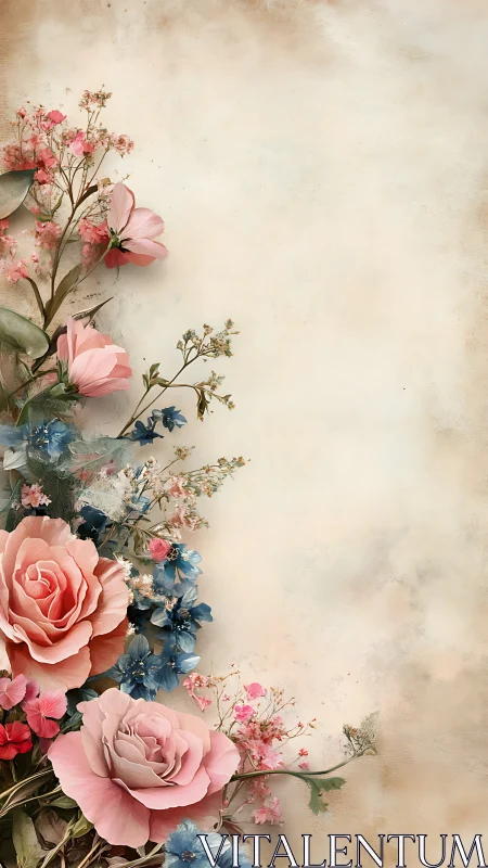 Pink Roses and Blue Flowers on Aged Cream Background