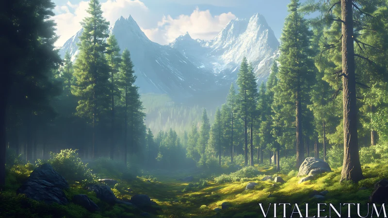 Mountain Valley with Coniferous Forest and Snow-Capped Peaks