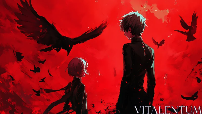 Crimson sky encounter with crows and two distant figures.