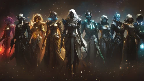 Mystic sci fi guardians stand united in glowing cosmic dusk