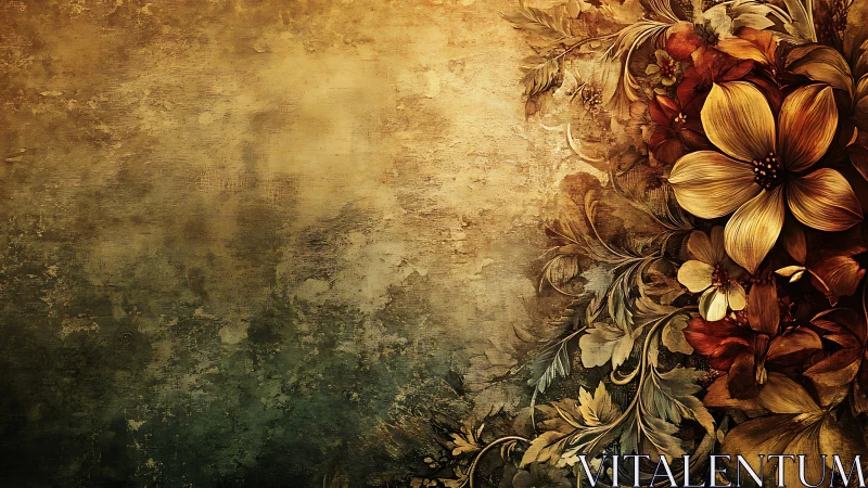 Baroque floral composition emerges from textured ochre wall