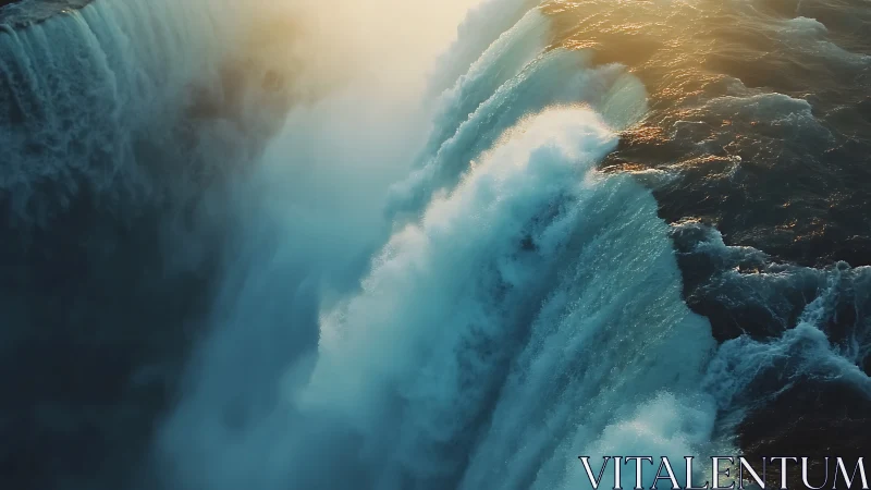 Photorealistic cascading waterfall with golden backlight dynamics.