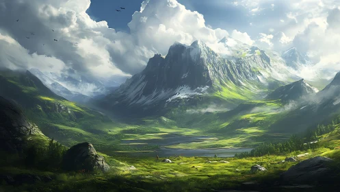 Sunlit alpine valley unfolds beneath towering emerald peaks