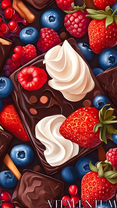 Digital chocolate dessert with berries and whipped cream details