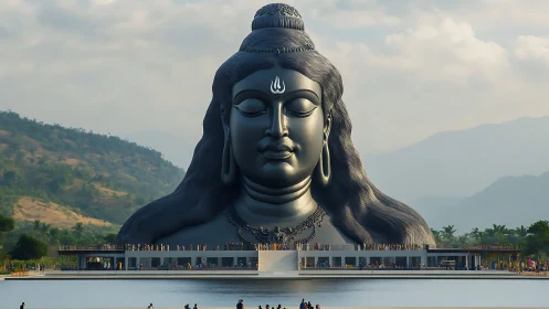 Large outdoor Shiva head statue stands before distant hills
