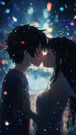 Rain-drenched silhouettes trade a quiet kiss under neon constellations