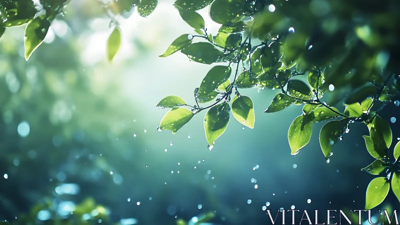 Backlit raindrops illuminate verdant leaves in shallow focus