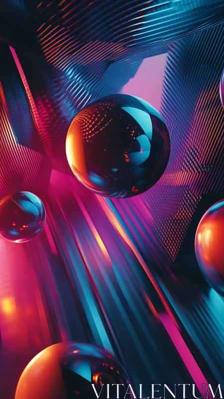 Chromatic metallic spheres within linear abstract corridor.