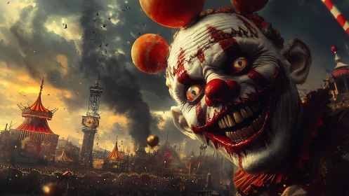 Grinning nightmare clown haunts a burning twilight carnival.