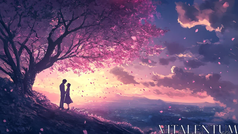 Silhouetted couple stands beneath dense cherry tree canopy at dusk