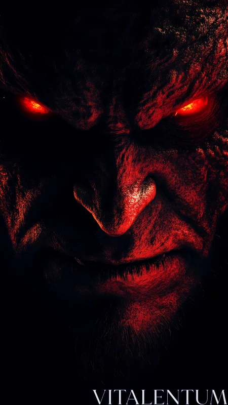 Demonic red face glows with molten eyes in darkness.