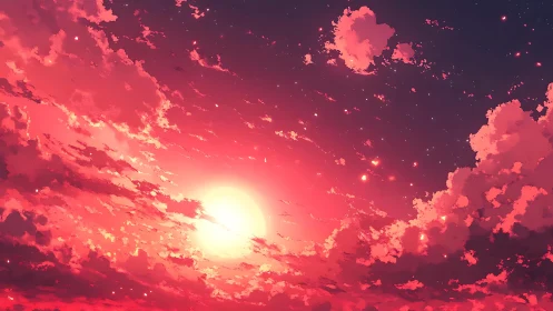 Radiant crimson sunset sky rendered in high chroma anime style