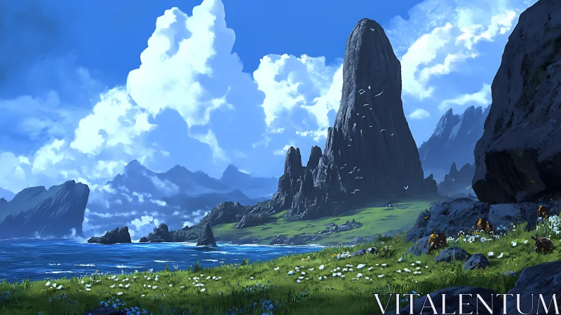 Sky-tall sea spire guarding a wild emerald shoreline.