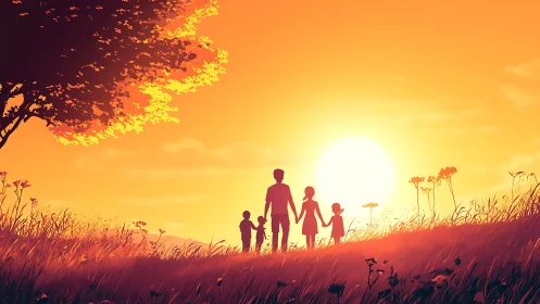 Silhouetted family crosses sunset meadow in warm gradient light