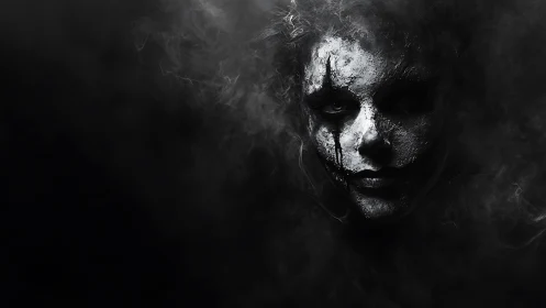 Clown-painted face emerges from dense smoke in darkness