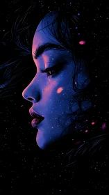 Neon-lit celestial female profile rendered with granular cosmic texture