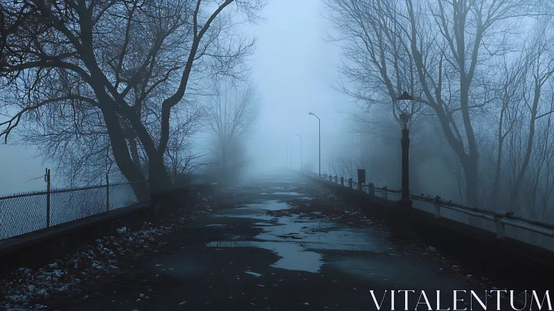 Fog covers deserted winter road with bare roadside trees
