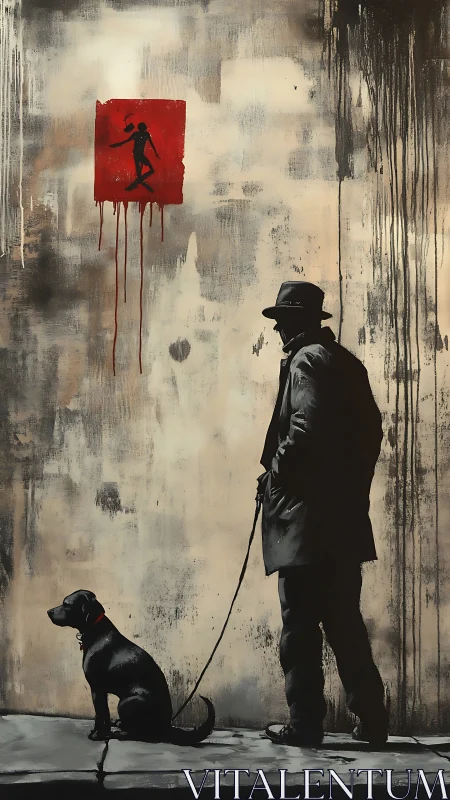 Man with dog before red dripping square graffiti panel.