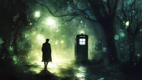 Silhouetted wanderer approaches glowing box in misty forest