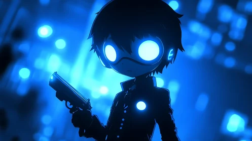 Glow-eyed cyber kid stands calm in a dreamy neon night.