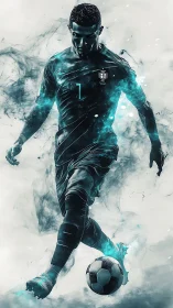 Dynamic teal energy drives powerful soccer strike forward.