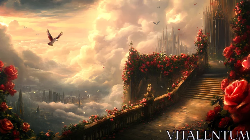 Terraced rose walkway overlooking cloud city and spires.