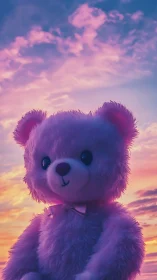 Pink teddy bear toy against vivid purple sunset sky.