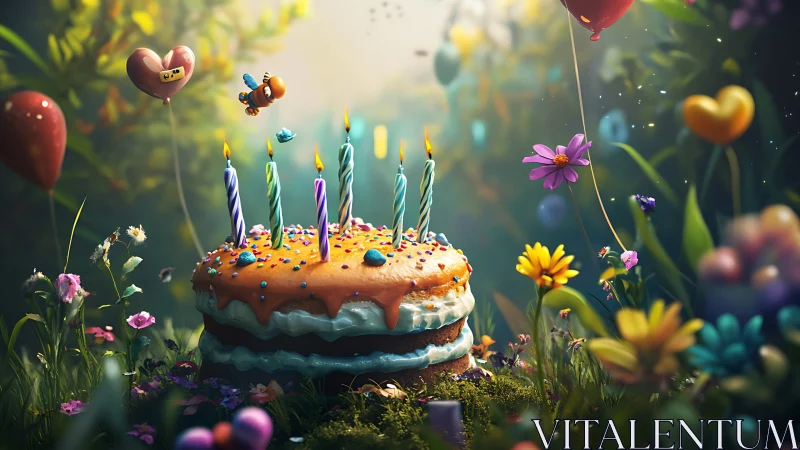Enchanted Birthday Cake Surrounded by Floating Hearts and Blooming Flowers