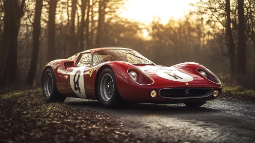 Vintage red race car glowing in soft forest sunset light.