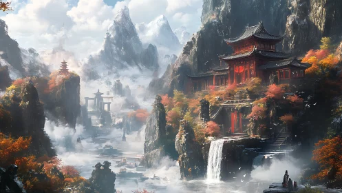 Layered mountain temples with atmospheric depth and cascading water