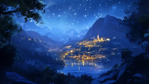 Mountain lake town glows under dense starry blue night sky