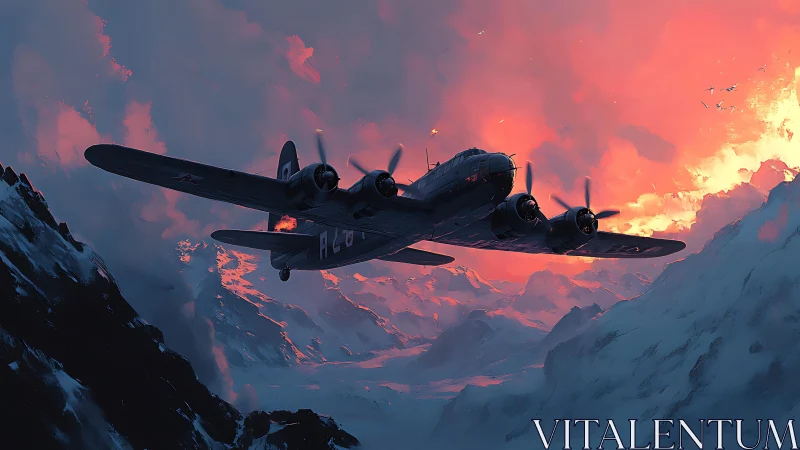 Digital painting of bomber aircraft over glacial mountain pass.