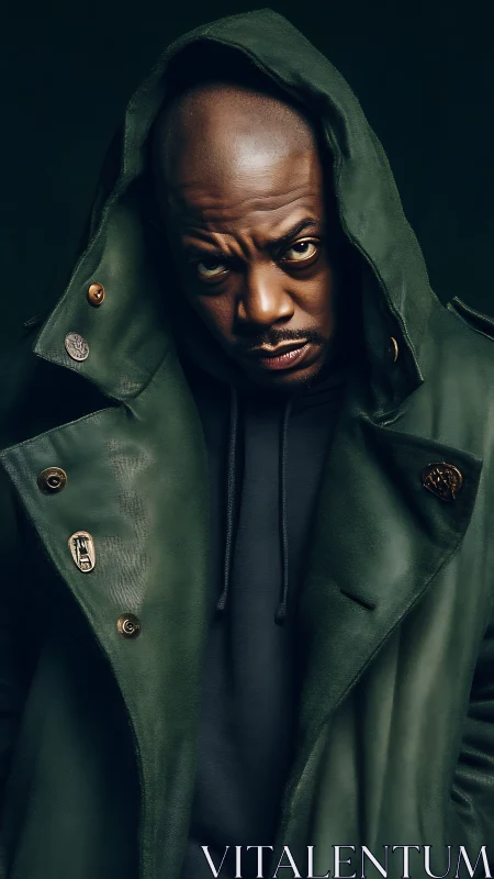 Hooded gaze sharpens under midnight green trench coat