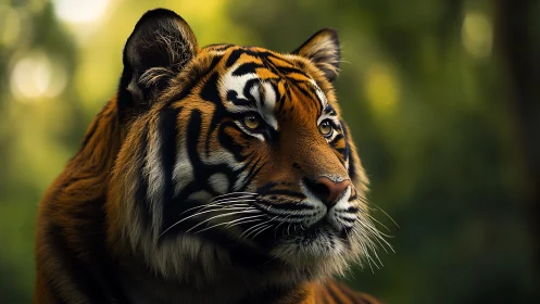 Majestic tiger gazes through soft forest light in profile.