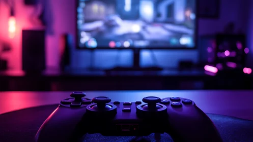 Game controller close-up in neon lit gaming setup.