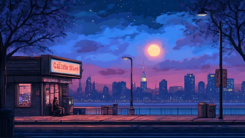 Solitary diner waits at neon cafe beside a glowing riverfront