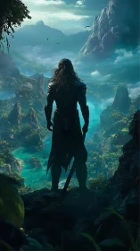 Warrior silhouette surveys luminous fantasy river valley