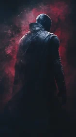 Hooded figure stands in red smoke with dramatic backlight