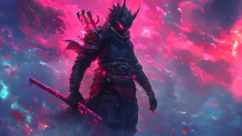 Armored cyber-ninja stands against neon magenta storm clouds