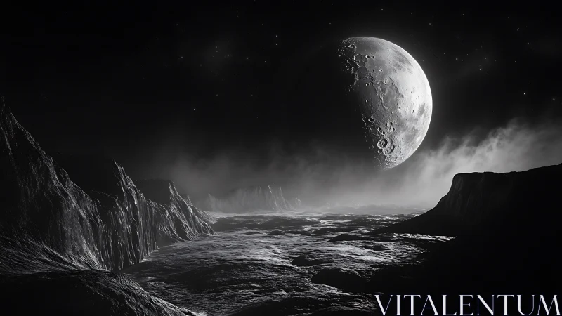 Moonrise over silent cliffs on a frozen alien frontier.