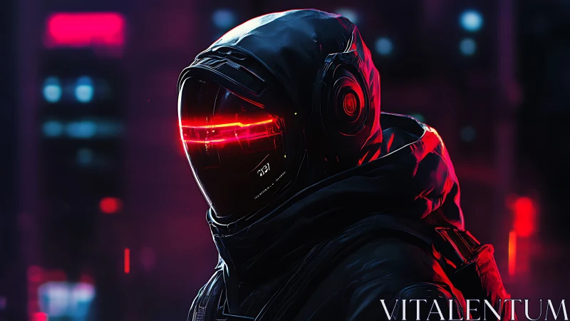 Hooded cybernetic figure stands in neon lit urban environment
