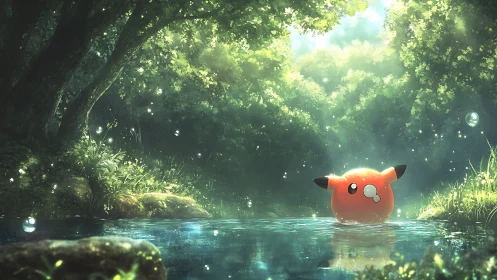 Bulbous Character Rests in Luminous Forest Stream.