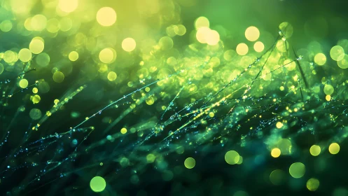 Dewy grass macro photography with dreamy bokeh effect at sunrise.