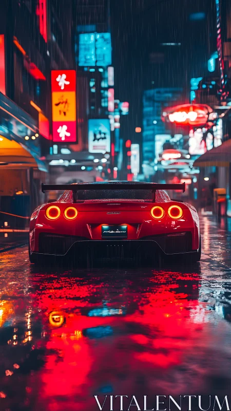 Red street racer cuts neon rain on wet Tokyo night.