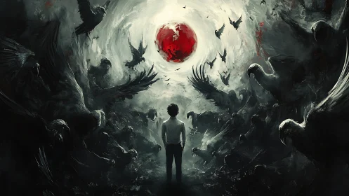 Solitary figure confronts blood-red sun amid circling ravens