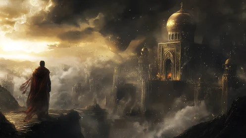 Cloaked Wanderer Overlooks Gilded Citadel in Stormlight.