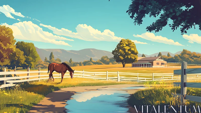 Horse near rural paddock with farmhouse and distant hills.