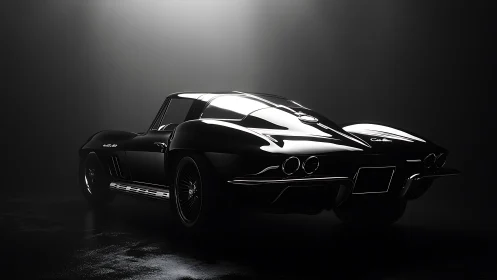 Glossy black classic sports coupe under dramatic rim light.