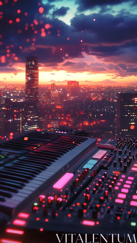 Neon synth skyline conducts an electric sunset city symphony.