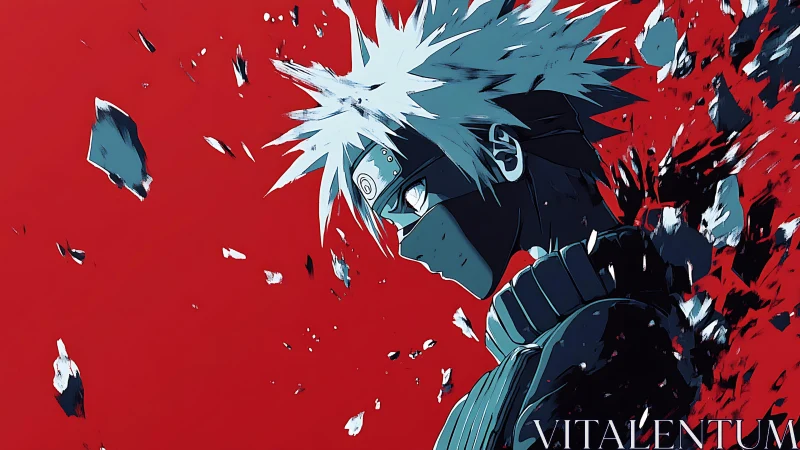 Stoic masked warrior amid explosive red shatterfield.